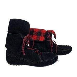 Minnetonka Black Suede Fold Over Plaid Hi Top Ankle Boots Lace Up SZ 9.5 EUC